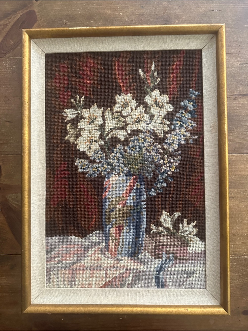 VINTAGE Framed Floral Needlepoint Art in Gold Frame- size 20-1/2” long x 15”wide